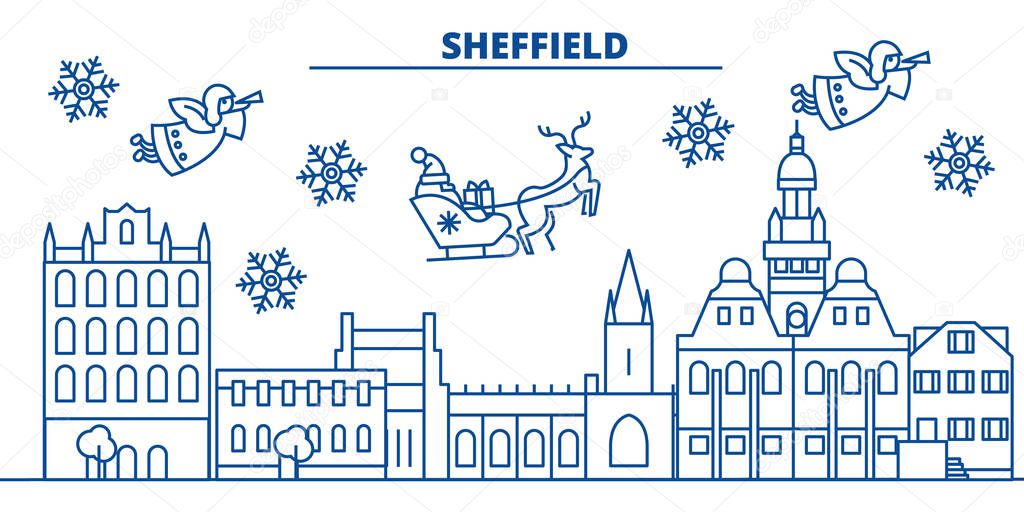 Great Britain, Sheffield winter city skyline. Merry Christmas, Happy New Year decorated banner with Santa Claus.Winter greeting line card.Flat, outline vector.Linear christmas snow illustration