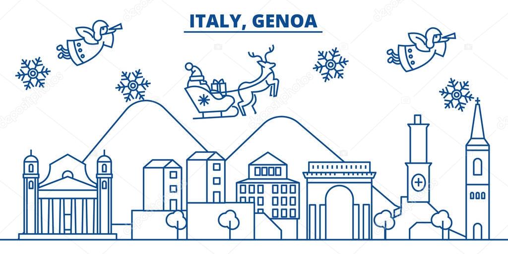 Italy, Genoa winter city skyline. Merry Christmas, Happy New Year decorated banner with Santa Claus.Winter greeting line card.Flat, outline vector.Linear christmas snow illustration
