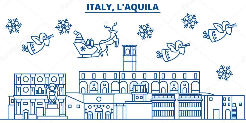 Italy, LAquila winter city skyline. Merry Christmas, Happy New Year decorated banner with Santa Claus.Winter greeting line card.Flat, outline vector.Linear christmas snow illustration