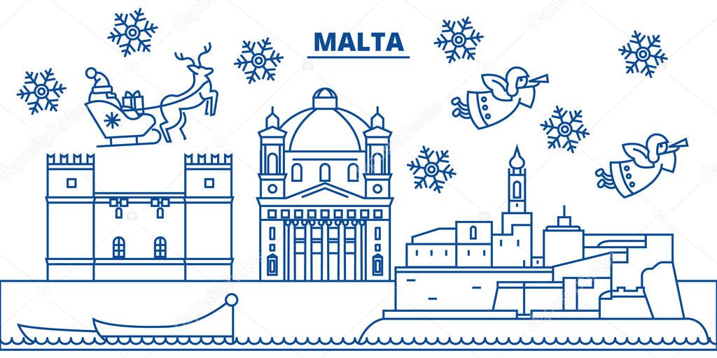 Malta winter city skyline. Merry Christmas, Happy New Year decorated banner with Santa Claus.Winter greeting line card.Flat, outline vector.Linear christmas snow illustration