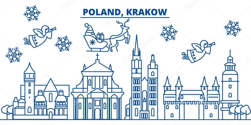 Poland, Krakow winter city skyline. Merry Christmas, Happy New Year decorated banner with Santa Claus.Winter greeting line card.Flat, outline vector.Linear christmas snow illustration