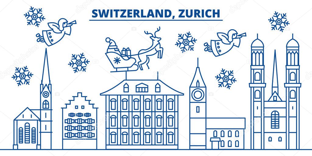Switzerland, Zurich winter city skyline. Merry Christmas, Happy New Year decorated banner with Santa Claus.Winter greeting line card.Flat, outline vector.Linear christmas snow illustration