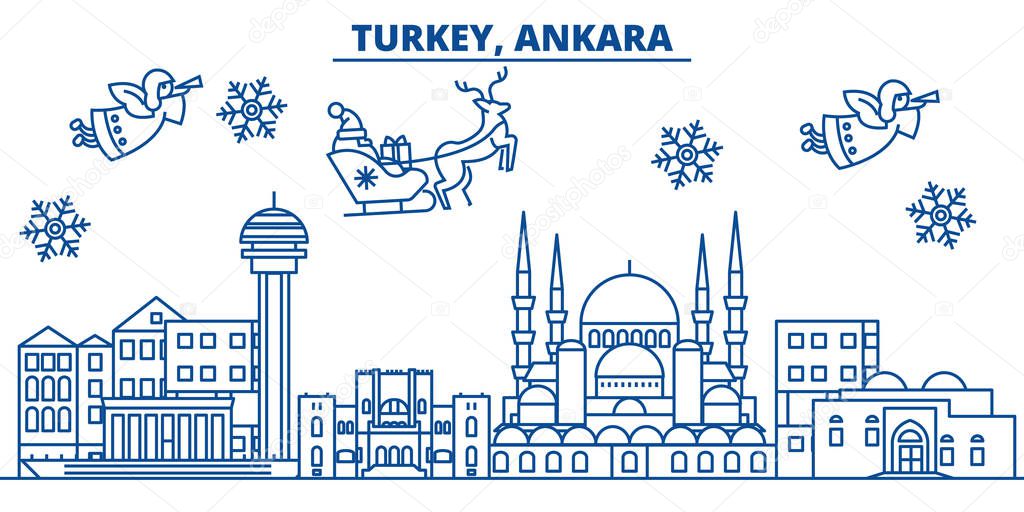 Turkey, Ankara winter city skyline. Merry Christmas, Happy New Year decorated banner with Santa Claus.Winter greeting line card.Flat, outline vector.Linear christmas snow illustration