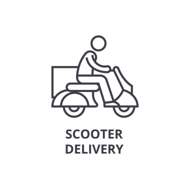 Teslimat scooter ince çizgi simgesi, işaret, sembol, illustation, lineer kavramı, vektör 