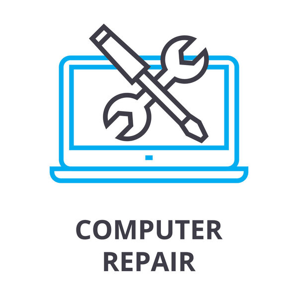 компьютер ремонт тонкой линии значок, знак, символ, иллюстрация, линейная концепция, вектор
 
