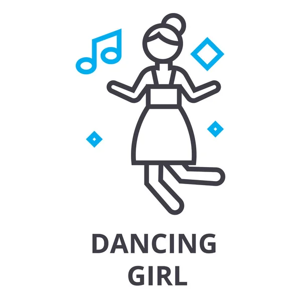 Bailando chica delgada línea icono, signo, símbolo, ilustración, concepto lineal, vector — Vector de stock