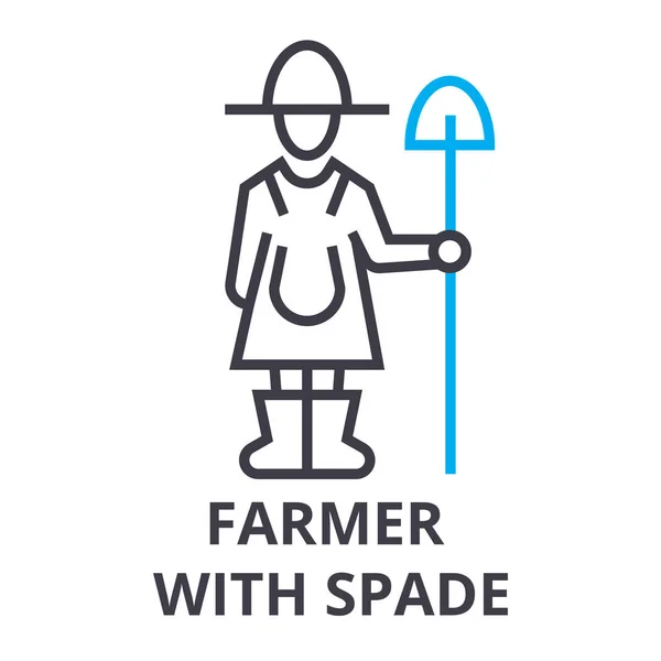 Agricultor con la pala icono de línea delgada, signo, símbolo, ilustración, concepto lineal, vector — Vector de stock