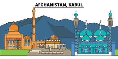 Afganistan, Kabul. Şehir manzarası, mimari, binalar, caddeler, siluet, manzara, panorama, yerler. Düzenlenebilir vuruş. Düz çizgi vektör çizim tasarım. İzole simgeler