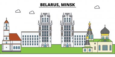 Belarus, Minsk. Şehir manzarası, mimari, binalar, caddeler, siluet, manzara, panorama, yerler. Düzenlenebilir vuruş. Düz çizgi vektör çizim tasarım. İzole simgeler