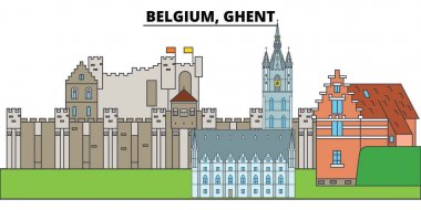 Belçika, Ghent. Şehir manzarası, mimari, binalar, caddeler, siluet, manzara, panorama, yerler. Düzenlenebilir vuruş. Düz çizgi vektör çizim tasarım. İzole simgeler