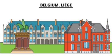 Belçika, Liege. Şehir manzarası, mimari, binalar, caddeler, siluet, manzara, panorama, yerler. Düzenlenebilir vuruş. Düz çizgi vektör çizim tasarım. İzole simgeler