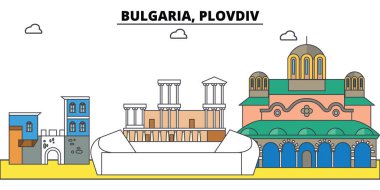 Bulgaristan, Plovdiv. Şehir manzarası, mimari, binalar, caddeler, siluet, manzara, panorama, yerler. Düzenlenebilir vuruş. Düz çizgi vektör çizim tasarım. İzole simgeler