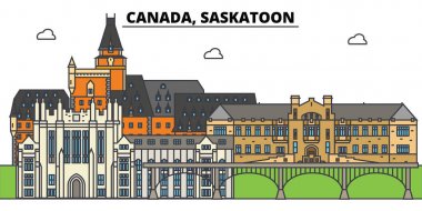 Saskatoon, Kanada. Şehir manzarası, mimari, binalar, caddeler, siluet, manzara, panorama, yerler. Düzenlenebilir vuruş. Düz çizgi vektör çizim tasarım. İzole simgeler