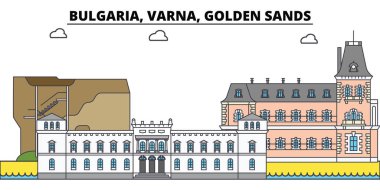 Bulgaristan, Varna, Golden Sands. Şehir manzarası, mimari, binalar, caddeler, siluet, manzara, panorama, yerler. Düz çizgi vektör çizim tasarım. İzole simgeler