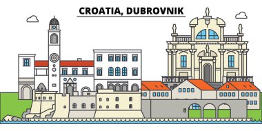Hırvatistan Dubrovnik. Şehir manzarası, mimari, binalar, caddeler, siluet, manzara, panorama, yerler. Düzenlenebilir vuruş. Düz çizgi vektör çizim tasarım. İzole simgeler