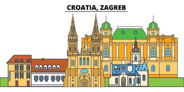 Hırvatistan Zagreb. Şehir manzarası, mimari, binalar, caddeler, siluet, manzara, panorama, yerler. Düzenlenebilir vuruş. Düz çizgi vektör çizim tasarım. İzole simgeler