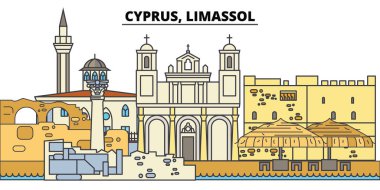 Kıbrıs, Limasol. Şehir manzarası, mimari, binalar, caddeler, siluet, manzara, panorama, yerler. Düzenlenebilir vuruş. Düz çizgi vektör çizim tasarım. İzole simgeler