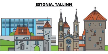 Estonya, Tallinn. Şehir manzarası, mimari, binalar, caddeler, siluet, manzara, panorama, yerler. Düzenlenebilir vuruş. Düz çizgi vektör çizim tasarım. İzole simgeler