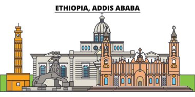 Etiyopya Addis Ababa. Şehir manzarası, mimari, binalar, caddeler, siluet, manzara, panorama, yerler. Düzenlenebilir vuruş. Düz çizgi vektör çizim tasarım. İzole simgeler