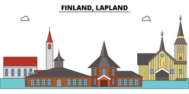 Finlandiya, Lapland. Şehir manzarası, mimari, binalar, caddeler, siluet, manzara, panorama, yerler. Düzenlenebilir vuruş. Düz çizgi vektör çizim tasarım. İzole simgeler