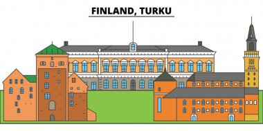 Finlandiya Turku. Şehir manzarası, mimari, binalar, caddeler, siluet, manzara, panorama, yerler. Düzenlenebilir vuruş. Düz çizgi vektör çizim tasarım. İzole simgeler