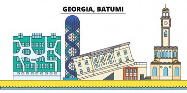 Gürcistan, Batum. Şehir manzarası, mimari, binalar, caddeler, siluet, manzara, panorama, yerler. Düzenlenebilir vuruş. Düz çizgi vektör çizim tasarım. İzole simgeler