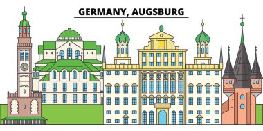 Augsburg, Almanya. Şehir manzarası, mimari, binalar, caddeler, siluet, manzara, panorama, yerler. Düzenlenebilir vuruş. Düz çizgi vektör çizim tasarım. İzole simgeler