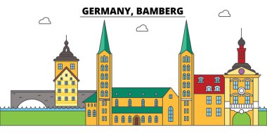 Bamberg, Almanya. Şehir manzarası, mimari, binalar, caddeler, siluet, manzara, panorama, yerler. Düzenlenebilir vuruş. Düz çizgi vektör çizim tasarım. İzole simgeler