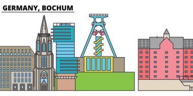 Bochum, Almanya. Şehir manzarası, mimari, binalar, caddeler, siluet, manzara, panorama, yerler. Düzenlenebilir vuruş. Düz çizgi vektör çizim tasarım. İzole simgeler