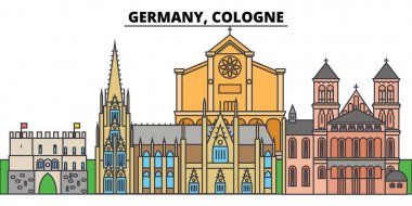 Köln, Almanya. Şehir manzarası, mimari, binalar, caddeler, siluet, manzara, panorama, yerler. Düzenlenebilir vuruş. Düz çizgi vektör çizim tasarım. İzole simgeler