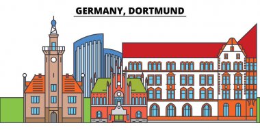 Dortmund, Almanya. Şehir manzarası, mimari, binalar, caddeler, siluet, manzara, panorama, yerler. Düzenlenebilir vuruş. Düz çizgi vektör çizim tasarım. İzole simgeler