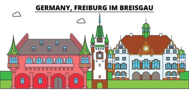 Bir Freiburg Im Breisgau, Almanya. Şehir manzarası, mimari, binalar, caddeler, siluet, manzara, panorama, yerler. Düz çizgi vektör çizim tasarım. İzole simgeler