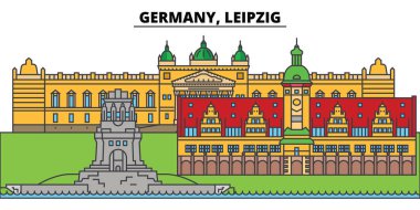 Leipzig, Almanya. Şehir manzarası, mimari, binalar, caddeler, siluet, manzara, panorama, yerler. Düzenlenebilir vuruş. Düz çizgi vektör çizim tasarım. İzole simgeler