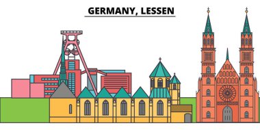 Almanya, azaltmak. Şehir manzarası, mimari, binalar, caddeler, siluet, manzara, panorama, yerler. Düzenlenebilir vuruş. Düz çizgi vektör çizim tasarım. İzole simgeler