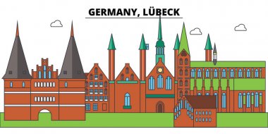 Lubeck, Almanya. Şehir manzarası, mimari, binalar, caddeler, siluet, manzara, panorama, yerler. Düzenlenebilir vuruş. Düz çizgi vektör çizim tasarım. İzole simgeler