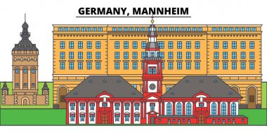 Mannheim, Almanya. Şehir manzarası, mimari, binalar, caddeler, siluet, manzara, panorama, yerler. Düzenlenebilir vuruş. Düz çizgi vektör çizim tasarım. İzole simgeler