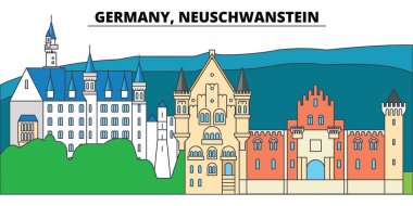 Almanya, Neuschwanstein. Şehir manzarası, mimari, binalar, caddeler, siluet, manzara, panorama, yerler. Düzenlenebilir vuruş. Düz çizgi vektör çizim tasarım. İzole simgeler