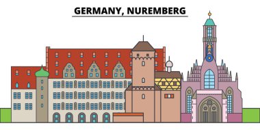 Nuremberg, Almanya. Şehir manzarası, mimari, binalar, caddeler, siluet, manzara, panorama, yerler. Düzenlenebilir vuruş. Düz çizgi vektör çizim tasarım. İzole simgeler