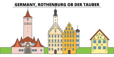 Almanya, Rothenburg Ob Der Tauber. Şehir manzarası, mimari, binalar, caddeler, siluet, manzara, panorama, yerler. Düz çizgi vektör çizim tasarım. İzole simgeler