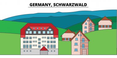 Almanya, Schwarzwald. Şehir manzarası, mimari, binalar, caddeler, siluet, manzara, panorama, yerler. Düzenlenebilir vuruş. Düz çizgi vektör çizim tasarım. İzole simgeler