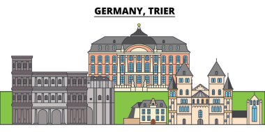 Trier, Almanya. Şehir manzarası, mimari, binalar, caddeler, siluet, manzara, panorama, yerler. Düzenlenebilir vuruş. Düz çizgi vektör çizim tasarım. İzole simgeler