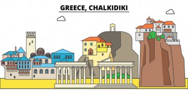 Yunanistan, Chalkidiki. Şehir manzarası, mimari, binalar, caddeler, siluet, manzara, panorama, yerler. Düzenlenebilir vuruş. Düz çizgi vektör çizim tasarım. İzole simgeler