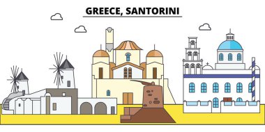 Yunanistan, Santorini. Şehir manzarası, mimari, binalar, caddeler, siluet, manzara, panorama, yerler. Düzenlenebilir vuruş. Düz çizgi vektör çizim tasarım. İzole simgeler