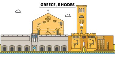 Yunanistan, Rhodes. Şehir manzarası, mimari, binalar, caddeler, siluet, manzara, panorama, yerler. Düzenlenebilir vuruş. Düz çizgi vektör çizim tasarım. İzole simgeler