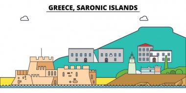Yunanistan, Saronic Islands. Şehir manzarası, mimari, binalar, caddeler, siluet, manzara, panorama, yerler. Düzenlenebilir vuruş. Düz çizgi vektör çizim tasarım. İzole simgeler