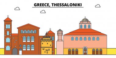 Yunanistan, Thessaloniki. Şehir manzarası, mimari, binalar, caddeler, siluet, manzara, panorama, yerler. Düzenlenebilir vuruş. Düz çizgi vektör çizim tasarım. İzole simgeler