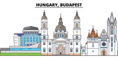Macaristan, Budapeşte. Şehir manzarası, mimari, binalar, caddeler, siluet, manzara, panorama, yerler. Düzenlenebilir vuruş. Düz çizgi vektör çizim tasarım. İzole simgeler