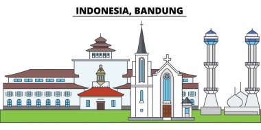 Endonezya, Bandung. Şehir manzarası, mimari, binalar, caddeler, siluet, manzara, panorama, yerler. Düzenlenebilir vuruş. Düz çizgi vektör çizim tasarım. İzole simgeler