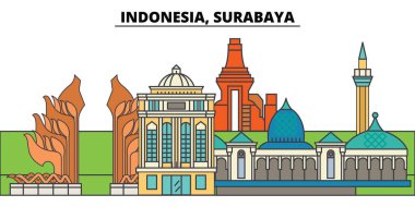 Endonezya, Surabaya. Şehir manzarası, mimari, binalar, caddeler, siluet, manzara, panorama, yerler. Düzenlenebilir vuruş. Düz çizgi vektör çizim tasarım. İzole simgeler