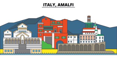 İtalya, Amalfi. Şehir manzarası, mimari, binalar, caddeler, siluet, manzara, panorama, yerler. Düzenlenebilir vuruş. Düz çizgi vektör çizim tasarım. İzole simgeler